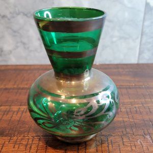 Emerald Green Glass Silver Floral Overlay Painted Art Nouveau Czech Vase,4" Tall